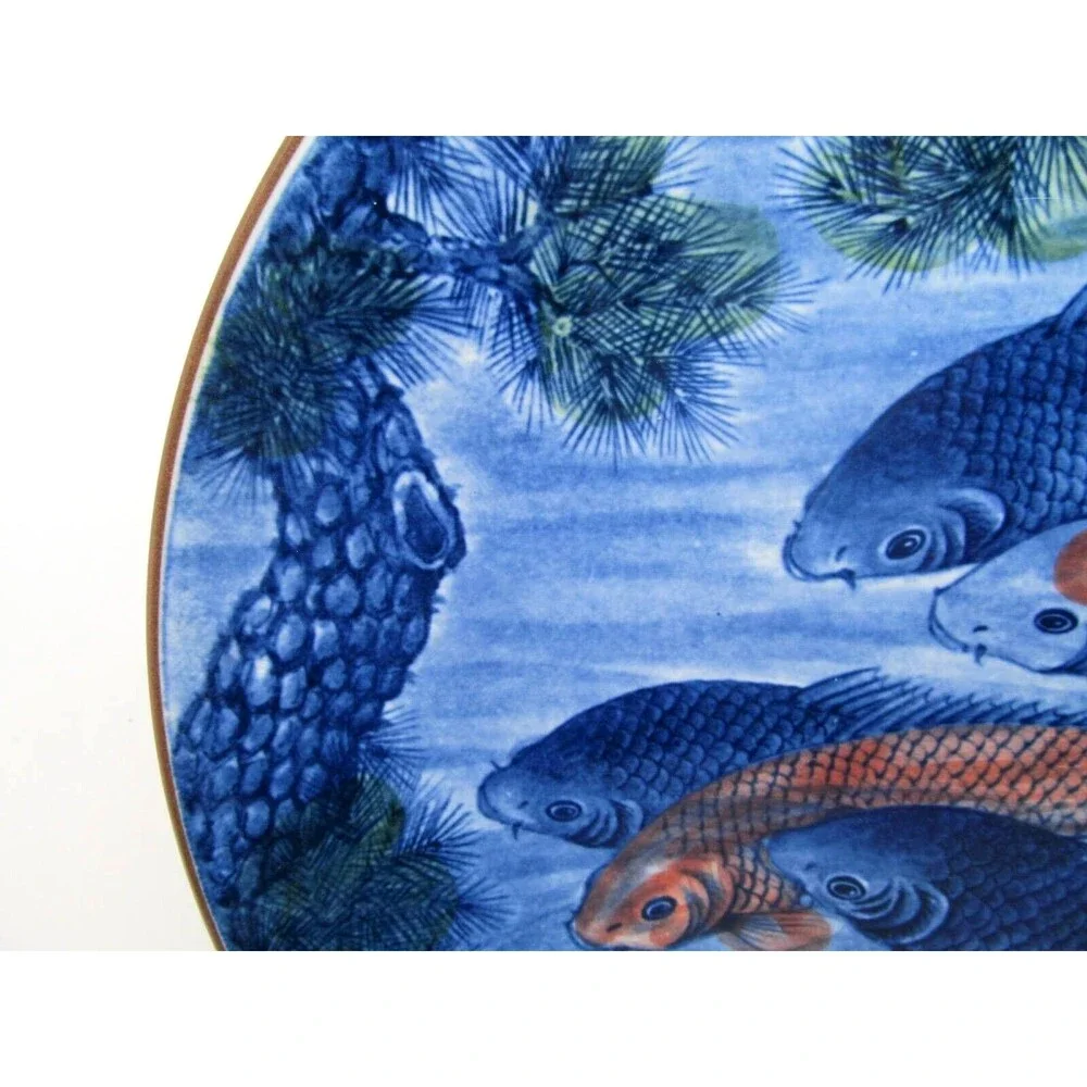 Vintage Japanese Toyo Koi Fish Blue Round Platter 12.5